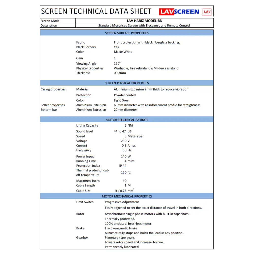 Lav Hariz Model-BN Motorised Screen Brochure Page 2